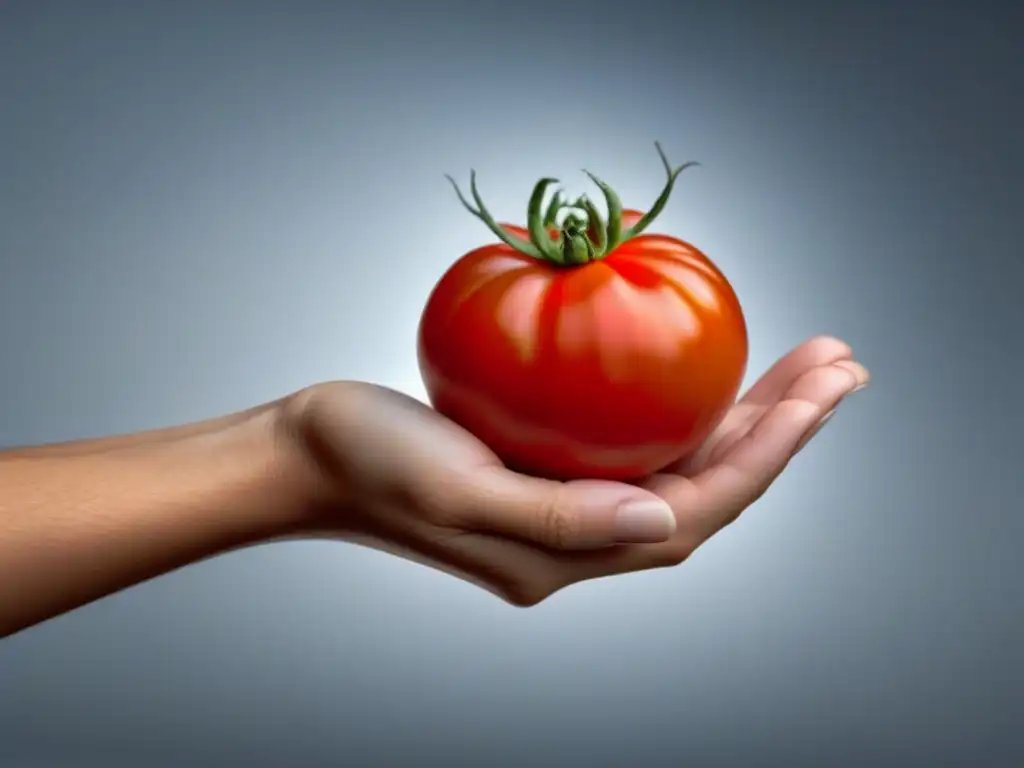 Una mano sostiene un tomate maduro y colorido en un fondo blanco, transmitiendo la belleza de los productos ecológicos