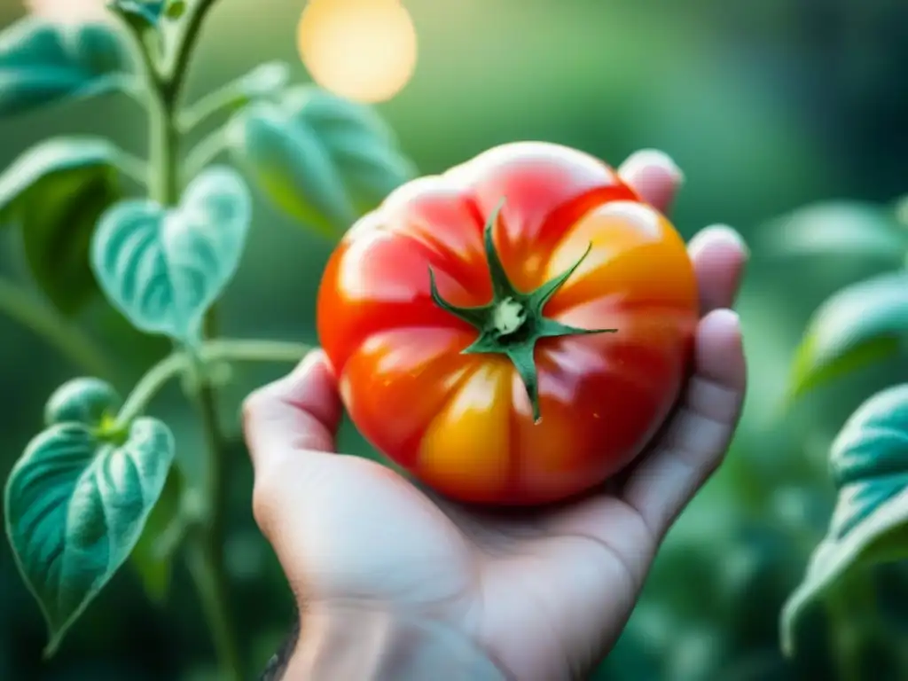 Mano sosteniendo tomate orgánico, resaltando sus colores y texturas únicas