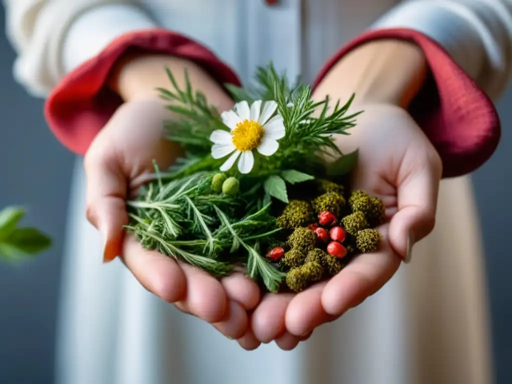 Una mano sostiene una variedad de hierbas orgánicas para tintes capilares ecológicos sostenibles