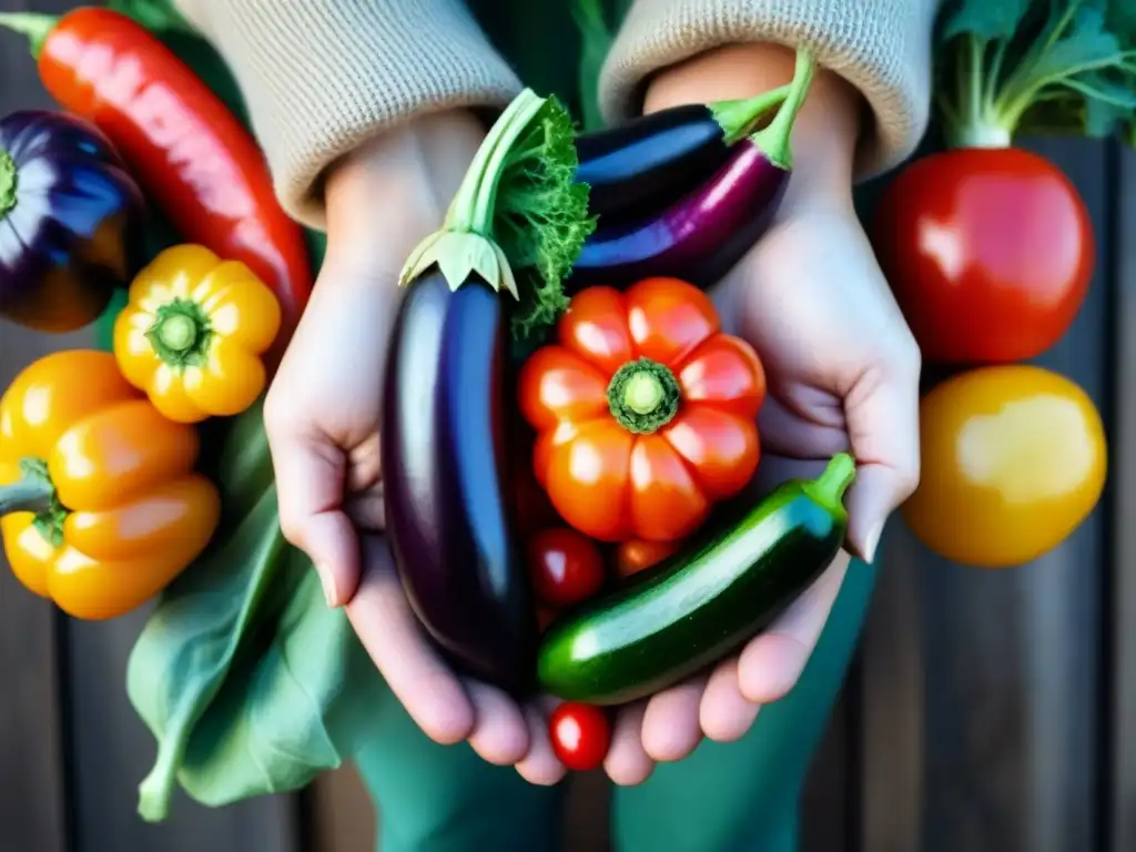 Mano sosteniendo verduras orgánicas vibrantes, promoviendo 'Reducir plástico en cocina'