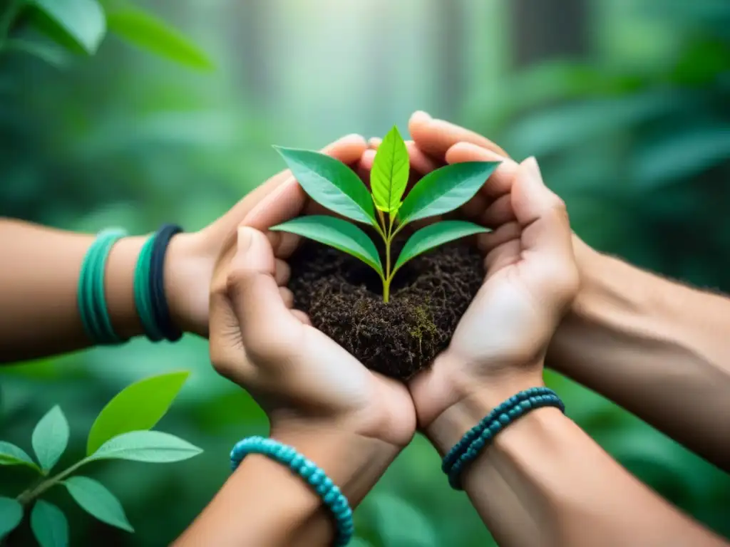 Manos sosteniendo un árbol joven, simbolizando esperanza y acciones cotidianas sostenibles contra la contaminación plástica