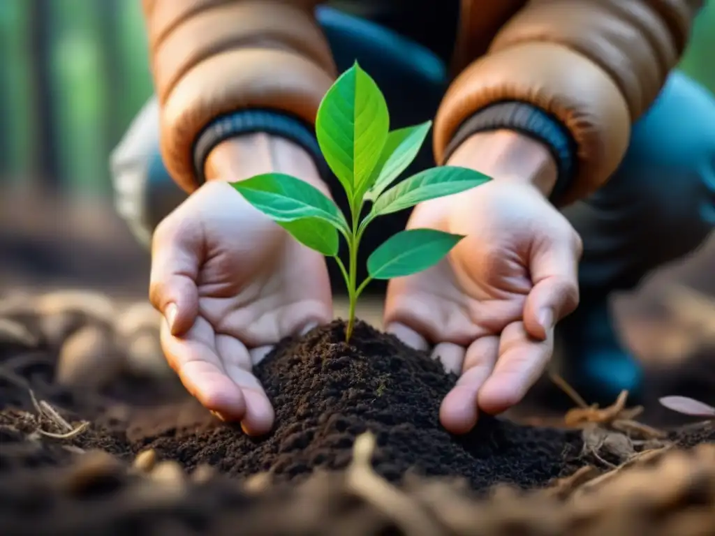 Manos plantando un árbol en el suelo del bosque, resaltando la importancia de las iniciativas musicales de reforestación sostenible