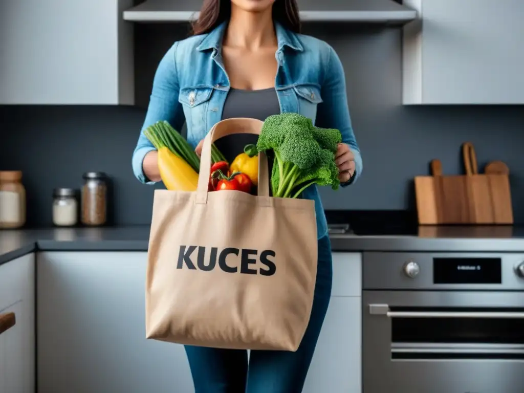 Manos sosteniendo bolsa de compras sin envases, cocina minimalista