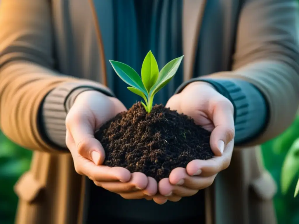 Manos de cineasta independiente sostenible cuidando una planta verde, simbolizando crecimiento y sostenibilidad