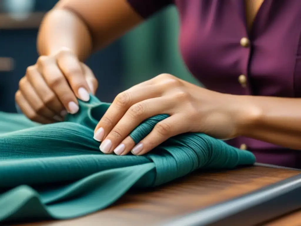 Artesanía sostenible: manos expertas crean moda ecofriendly Manos de costurera creando prenda sostenible con precisión y dedicación
