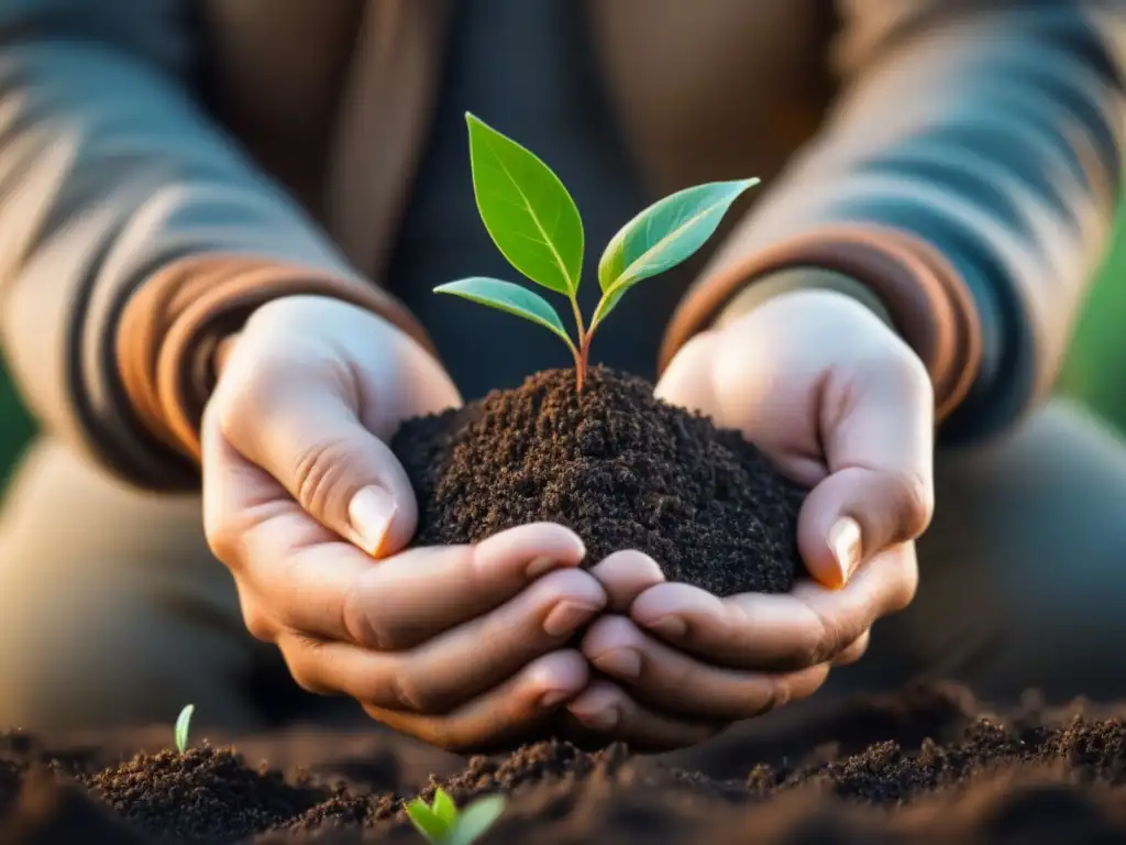 Manos cuidadosas sostienen un frágil árbol joven, simbolizando la importancia de reducir residuos sostenible en armonía con la naturaleza