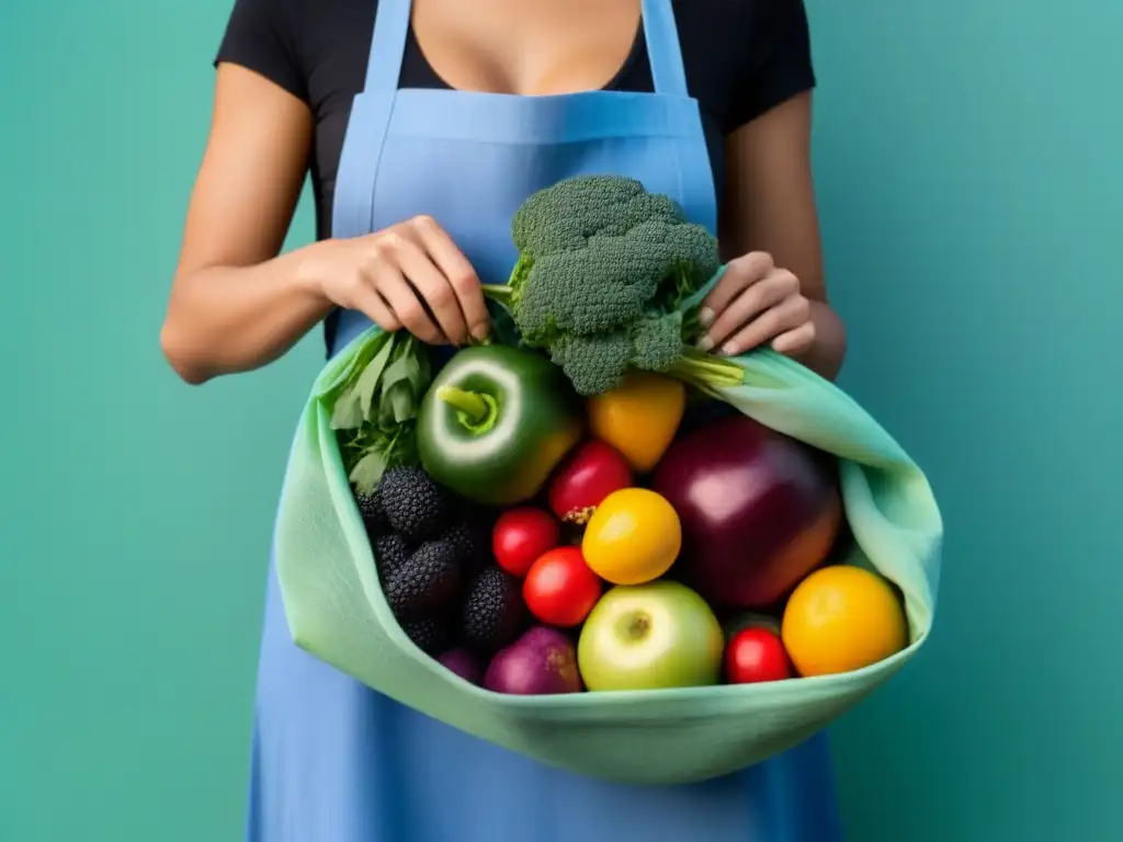 Manos cuidadosas organizando frutas y verduras en bolsa reutilizable, simbolizando Alimentación consciente sostenible zero waste