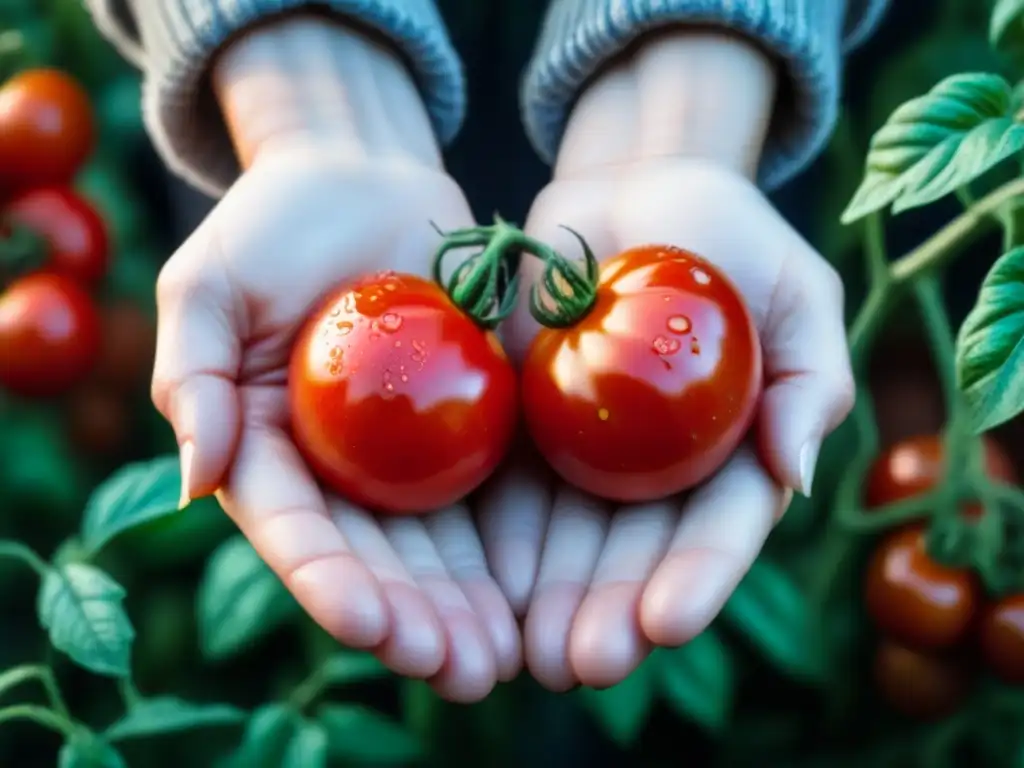 Manos delicadas sostienen tomates rojos recién cosechados, mostrando sus detalles y frescura