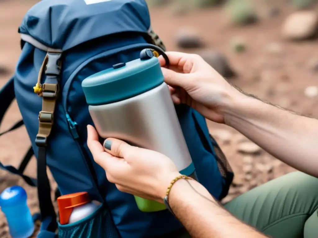 Manos de excursionista experto empaquetando elementos sostenibles en mochila eco, transmitiendo preparación y conciencia