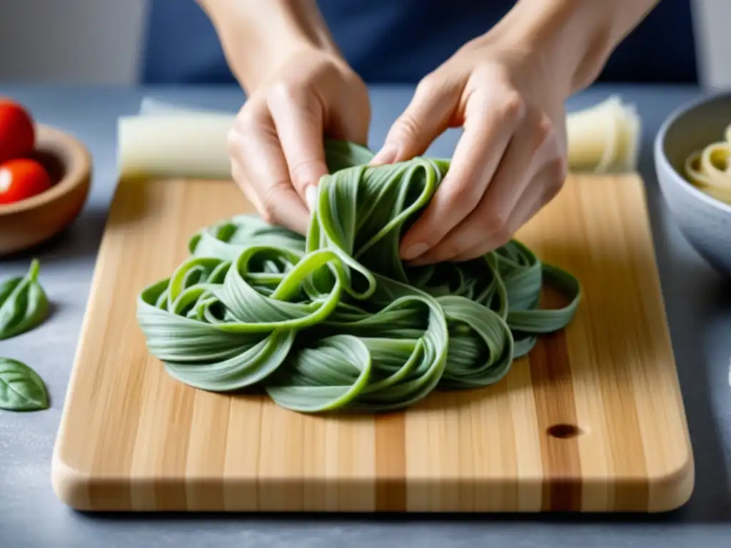 Manos expertas amasan pasta fresca casera sostenible de espinaca en tabla de bambú