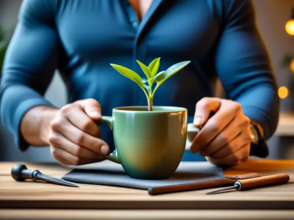 Manos habilidosas reparan una taza de cerámica agrietada en un banco de trabajo de madera, con herramientas y materiales para reutilizar objetos, en una atmósfera serena y minimalista