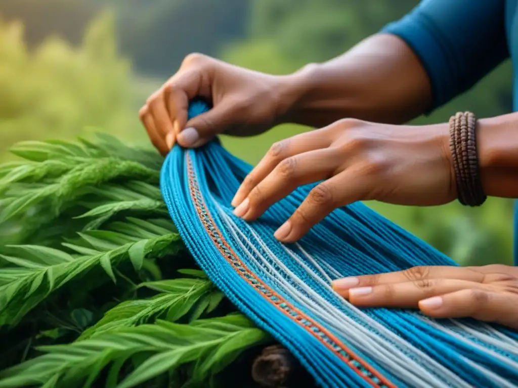 Manos indígenas tejen patrón con fibras naturales en selva verde y cielo azul