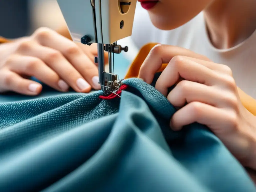 Manos jóvenes cosiendo tela sostenible, detallando la artesanía en moda sostenible para jóvenes conscientes