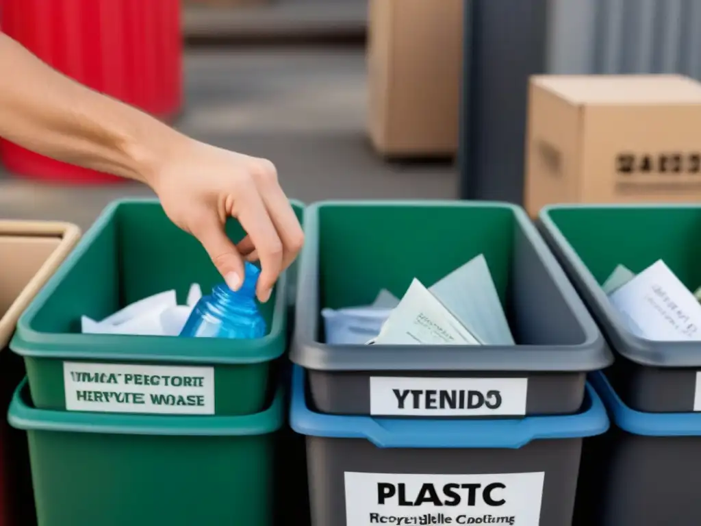 Manos separando materiales reciclables en contenedores etiquetados