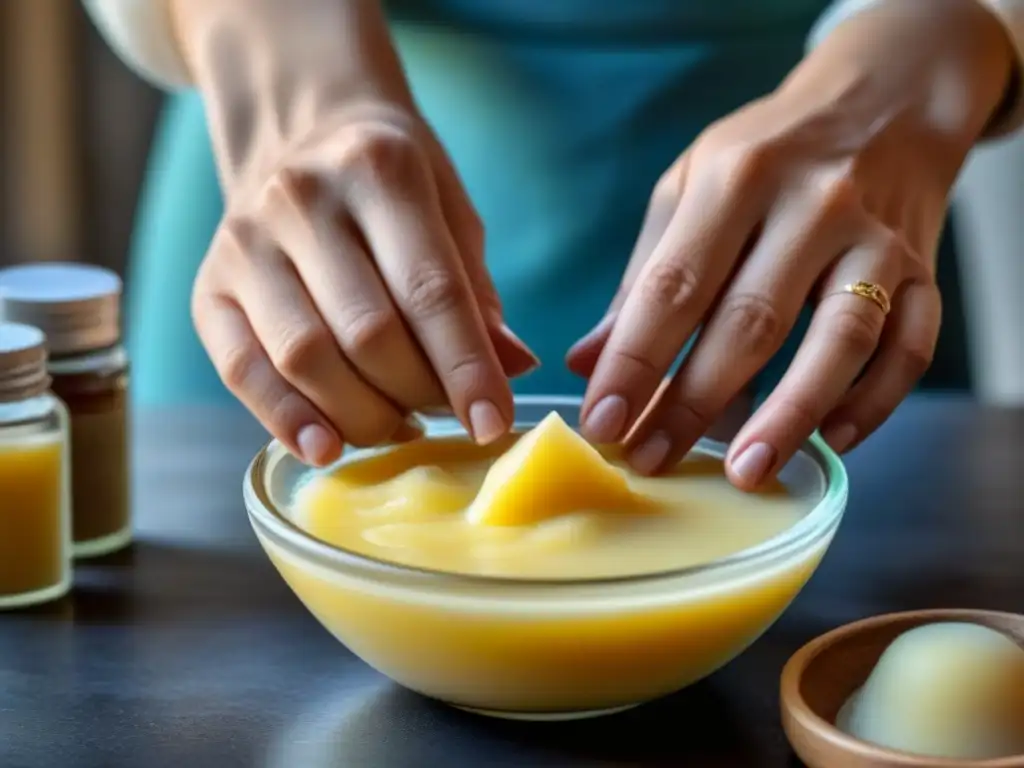 Manos meticulosas crean bálsamos labiales ecológicos caseros con ingredientes naturales en un tazón de vidrio