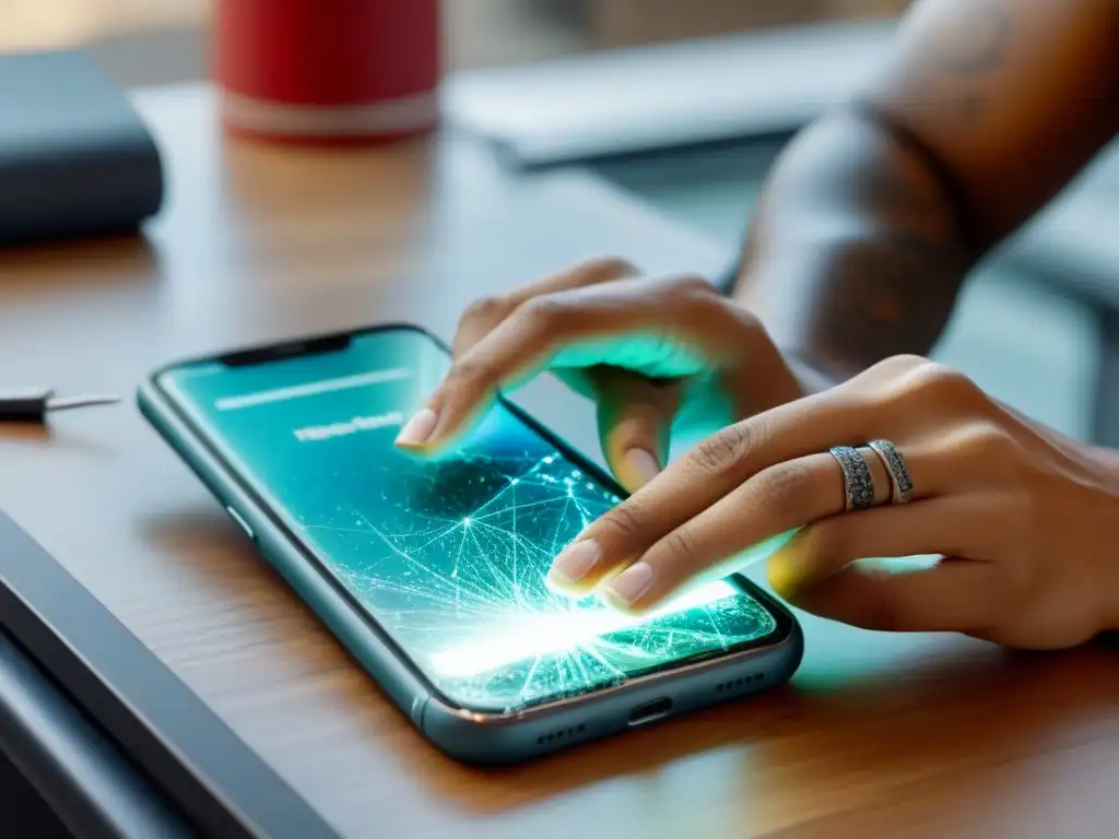 Manos reparan con precisión pantalla móvil, reflejando la vida sostenible y el poder de las Apps reparación objetos vida sostenible