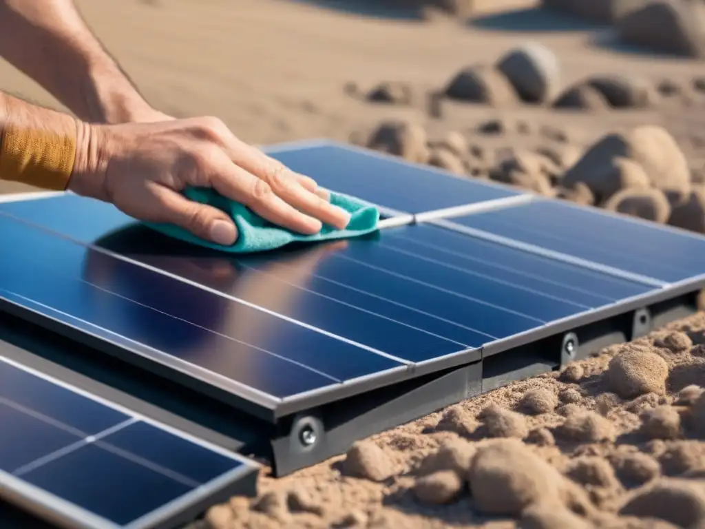 Manos limpiando detalladamente un panel solar, revelando patrones de suciedad y reflejos solares