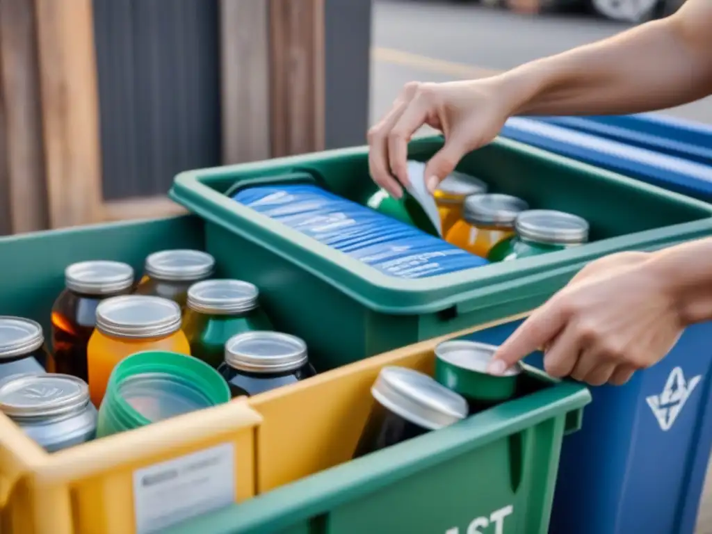 Manos separando cuidadosamente reciclables en contenedores designados, resaltando el estilo de vida zero waste