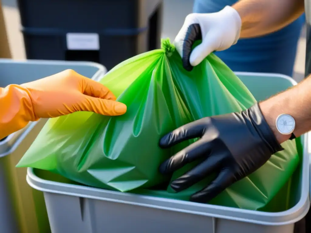 Manos segregando residuos en evento sostenible zero waste