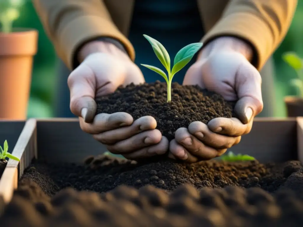 Manos plantando semillas en huerto urbano, inicio del proceso de cultivar alimentos