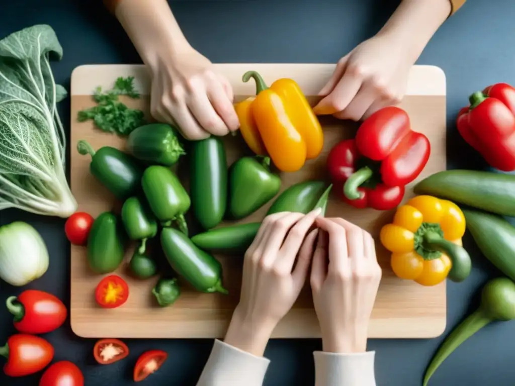 Manos cortando verduras coloridas en tabla de madera, destacando la cocina sostenible zero waste