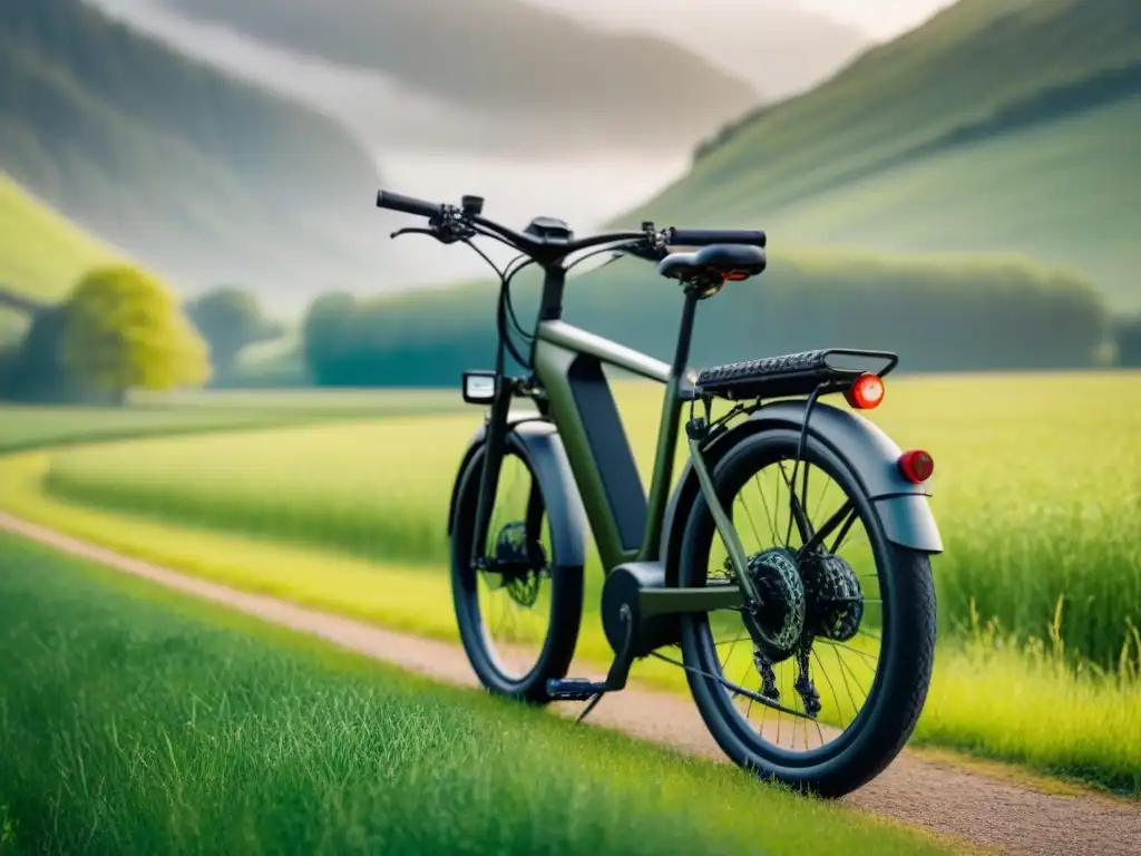Mantenimiento de bicicleta eléctrica sostenible en paisaje verde y sereno
