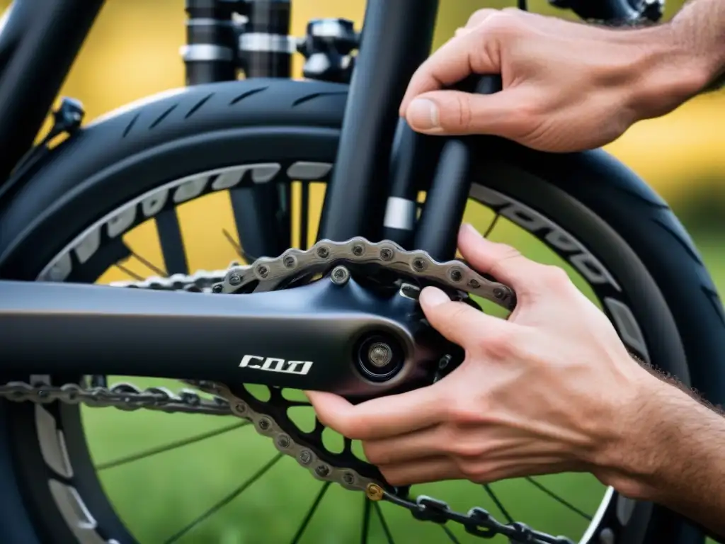 Mantenimiento bicicleta eléctrica sostenible: Manos lubricando con precisión una moderna cadena de bicicleta eléctrica