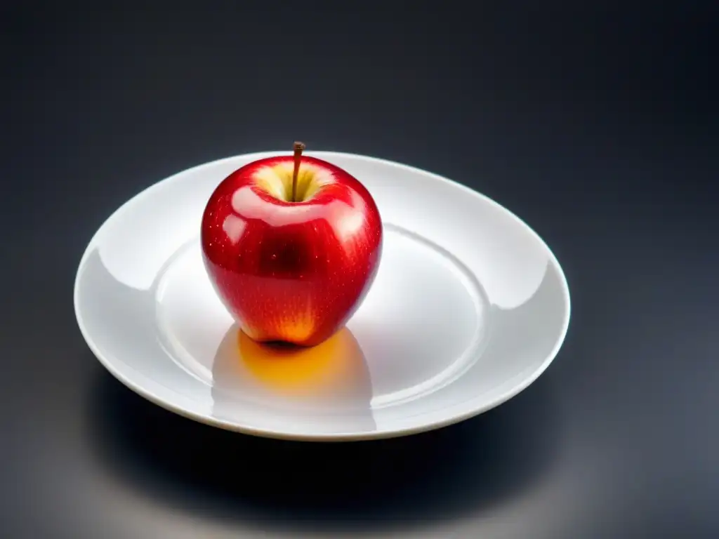 Manzana roja jugosa en mitades, sobre plato blanco moderno con gotas de agua