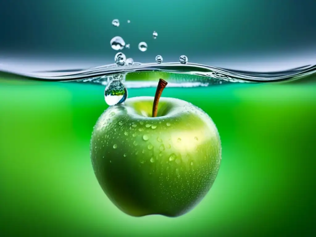 Manzana verde en agua cristalina, creando un efecto hipnótico con gotas suspendidas, frescura y sostenibilidad en composición minimalista