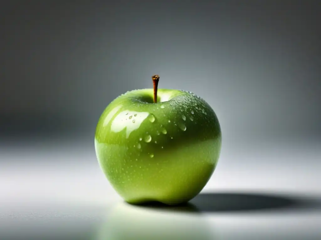 Manzana verde orgánica brillante sobre fondo blanco: frescura y pureza