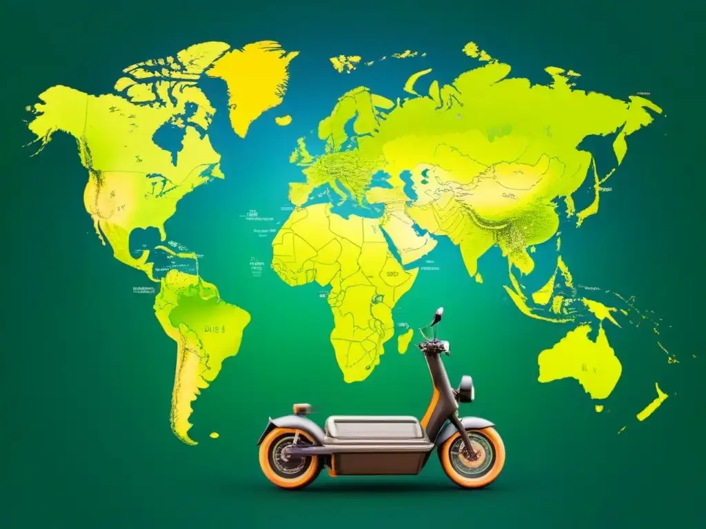 Mapa mundial detallado con fronteras de países en verde, normativa bicicletas eléctricas y scooters