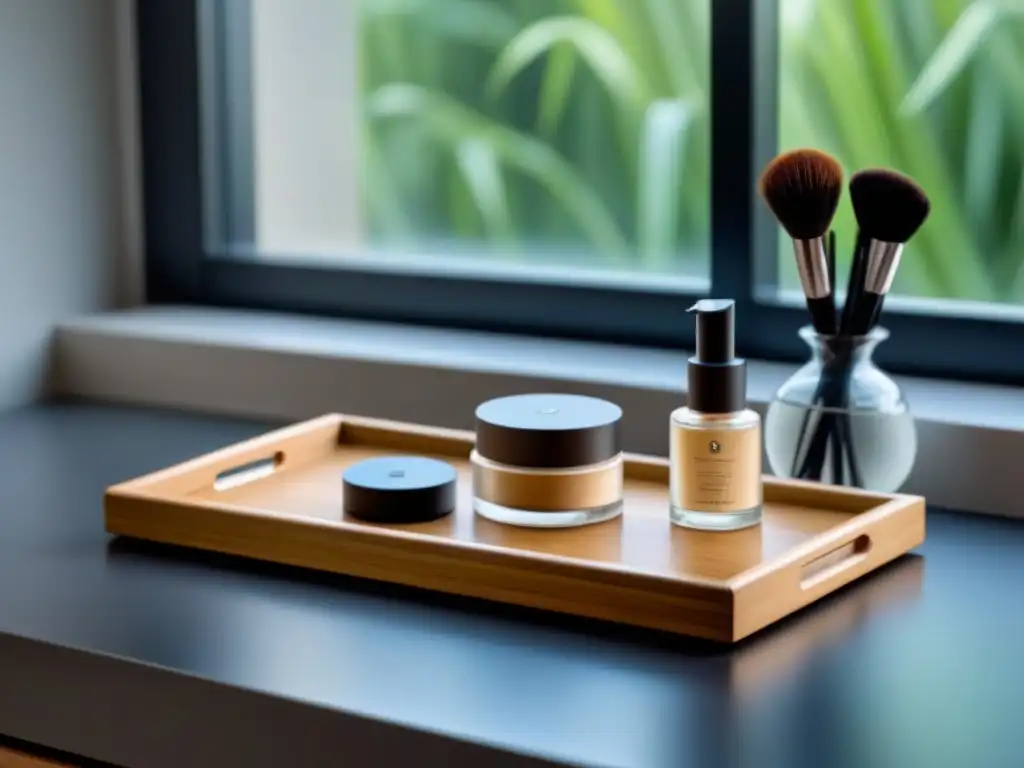 Maquillaje ecológico sostenible guía: Imagen de un baño minimalista con productos ecofriendly iluminados por luz natural