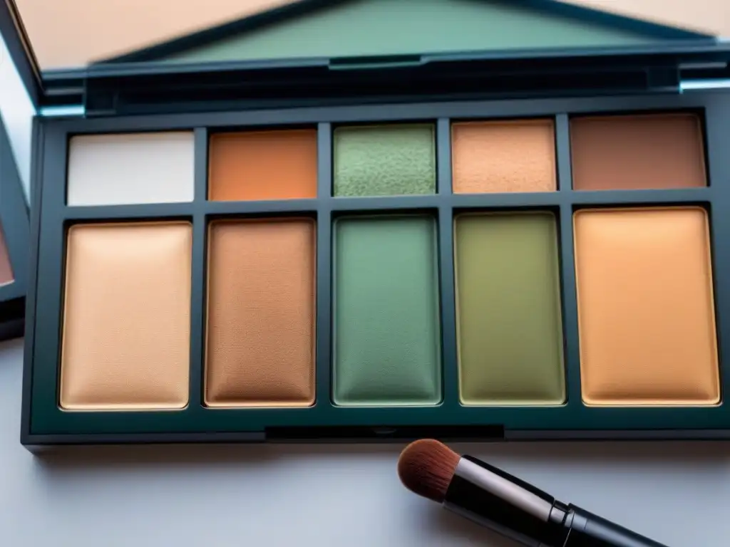 Maquillaje ecológico sostenible guía: Paleta moderna de tonos terrosos en envase reciclado, iluminada con luz natural sobre fondo blanco