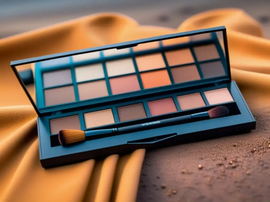 Maquillaje sostenible para la mujer consciente: paleta elegante de tonos terrosos en diseño eco, sobre fondo blanco