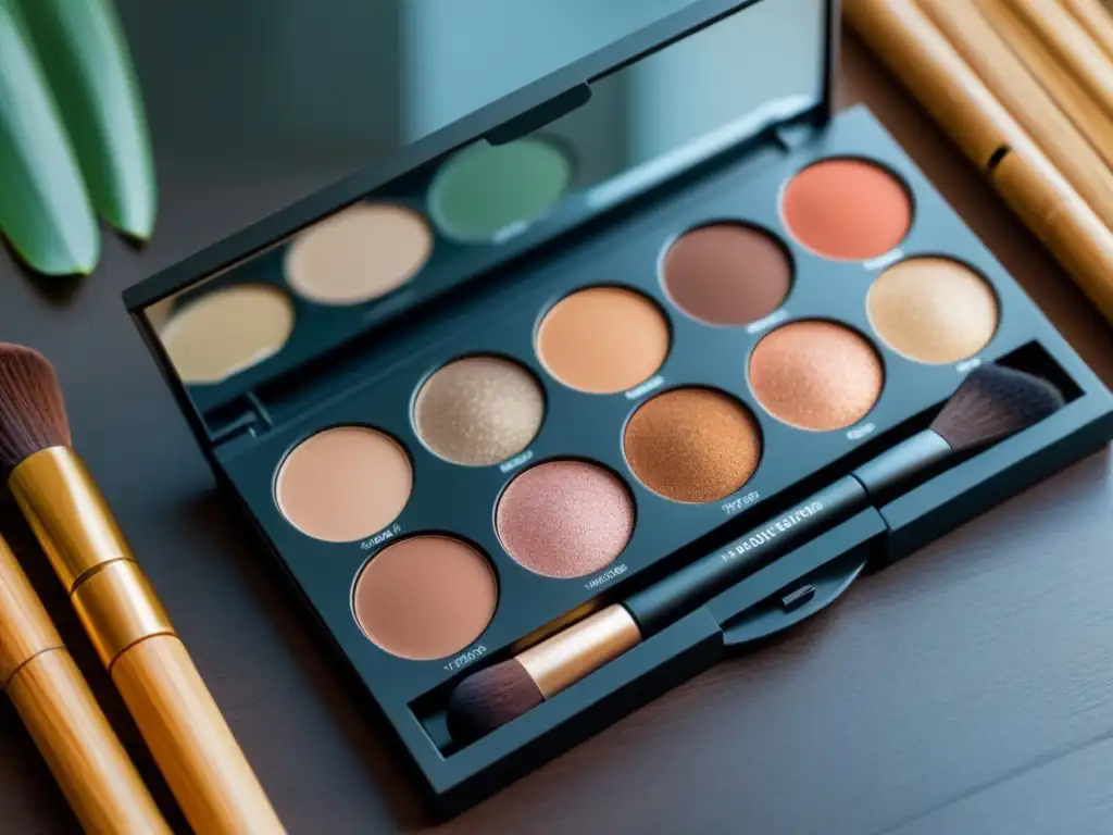 Maquillaje sostenible para mujer consciente: Paleta de maquillaje ecológica con tonos tierra en superficie de bambú