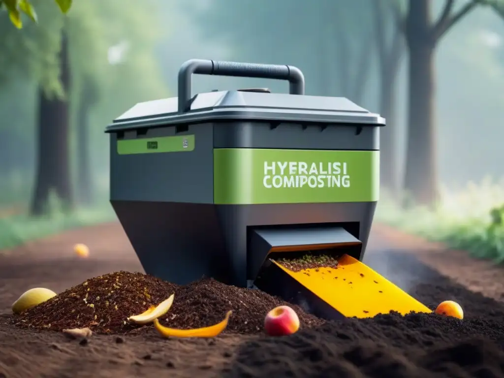 Una máquina moderna de compostaje transforma residuos orgánicos en compost, simbolizando innovaciones en gestión de residuos orgánicos