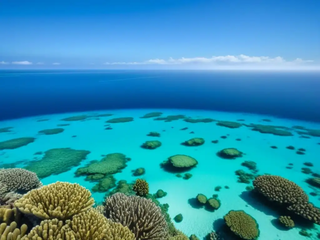 Un mar cristalino con arrecifes de coral vibrantes y vida marina diversa, bajo un cielo azul