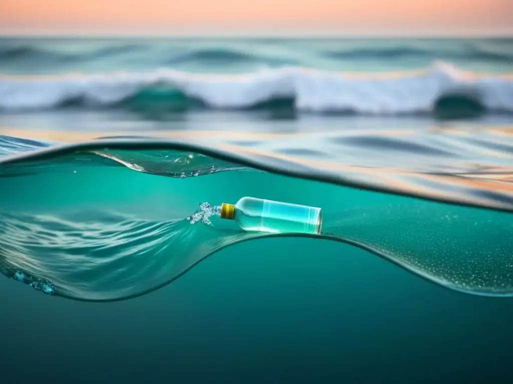 Mar tranquilo con botella de plástico en la orilla