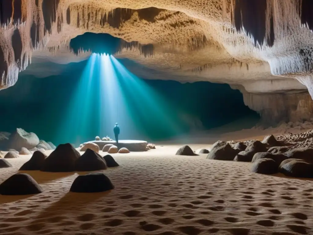 Explora la maravilla de una cueva iluminada por la luz natural, estalactitas y estalagmitas decoran el suelo