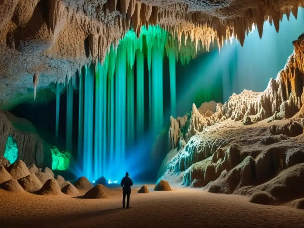 Explora la maravilla de una cueva subterránea iluminada con cuidado, resaltando su belleza natural