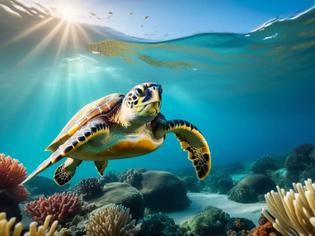 Maravillosa escena marina con una tortuga nadando entre arrecifes de coral y vida marina vibrante