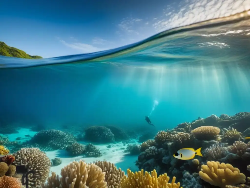 Maravilloso arrecife de coral lleno de peces coloridos en aguas cristalinas, resaltando la importancia de las marcas bañadores sostenibles océanos