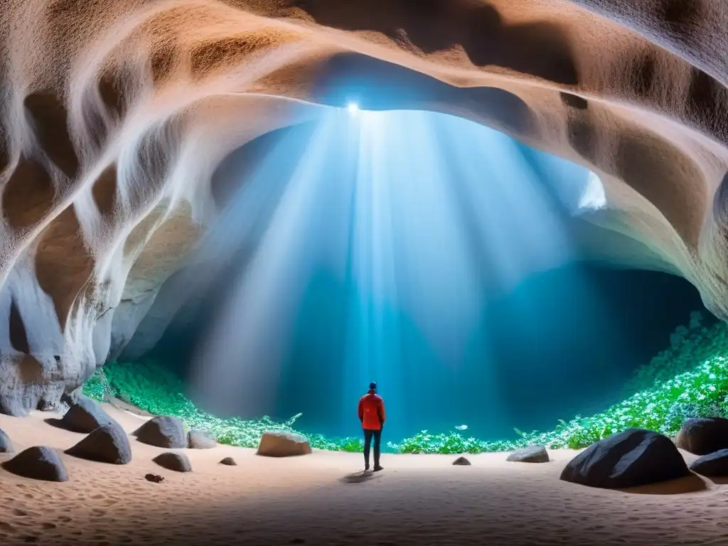 Maravilloso turismo sostenible en cuevas: cueva subterránea iluminada por luz natural, con formaciones rocosas detalladas