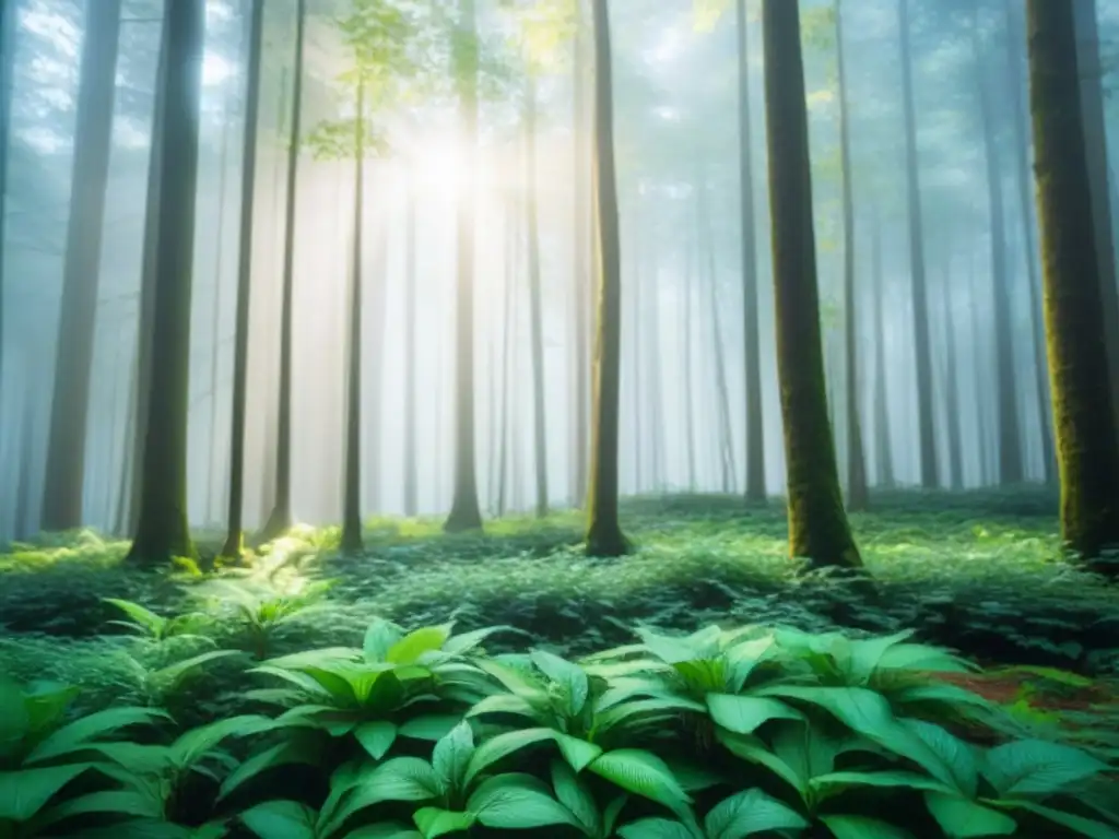 Maravilloso bosque verde con luz solar filtrándose entre las hojas, creando sombras en el suelo