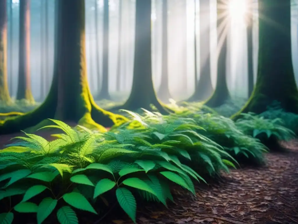 Maravilloso bosque verde con luz solar filtrándose entre ramas y hojas, mostrando la importancia de bonos verdes sostenibles