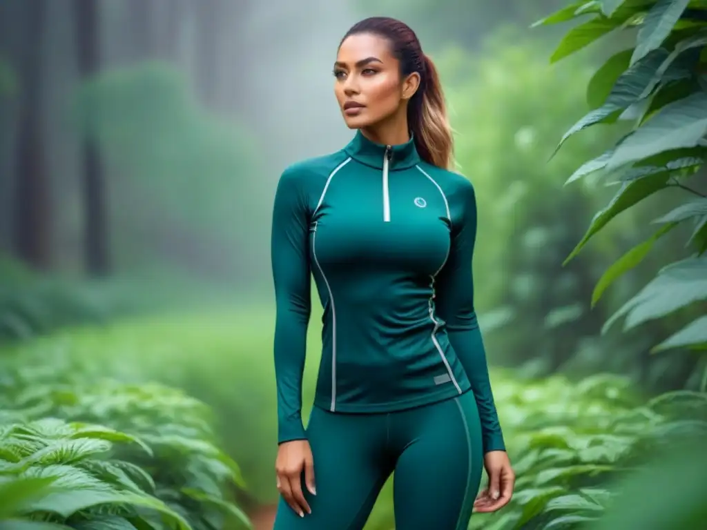 Marcas ecoamigables moda activa: Conjunto minimalista de ropa deportiva sostenible sobre vegetación exuberante