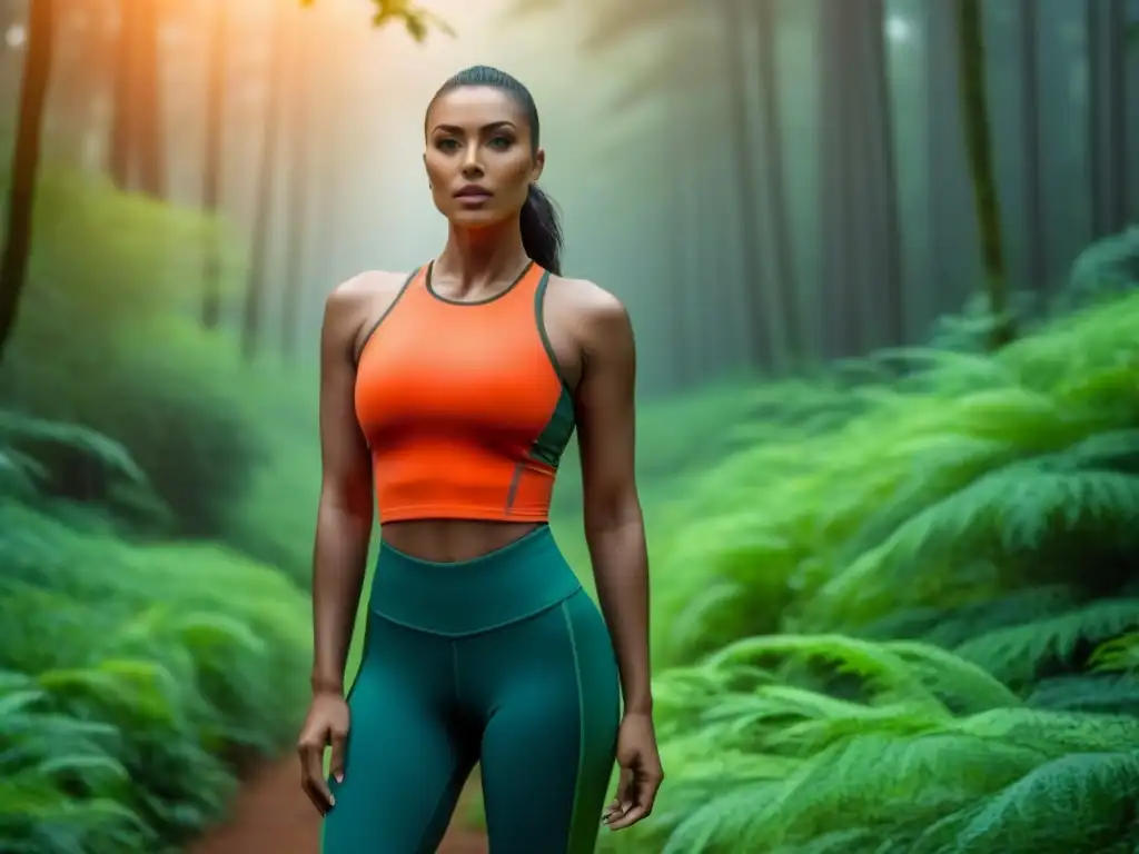 Marcas ecoamigables moda activa: Conjunto deportivo minimalista en bosque verde, fusionando estilo y sostenibilidad