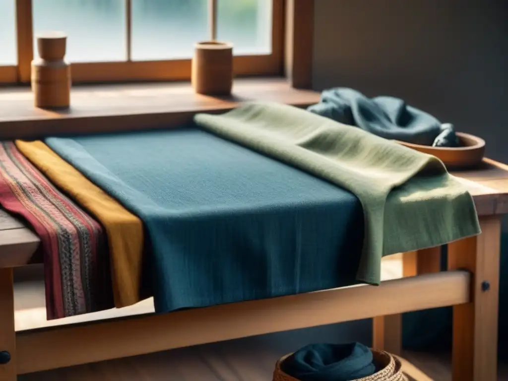 Marcas moda artesanal sostenible en un banco de trabajo rústico con prendas y materiales naturales