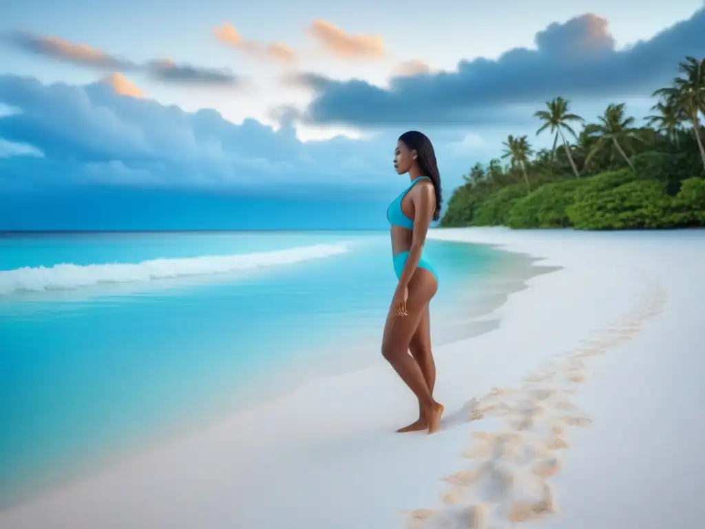 Marcas bañadores sostenibles océanos: Imagen serena de un océano cristalino y una playa de arena blanca, transmitiendo paz y armonía con la naturaleza