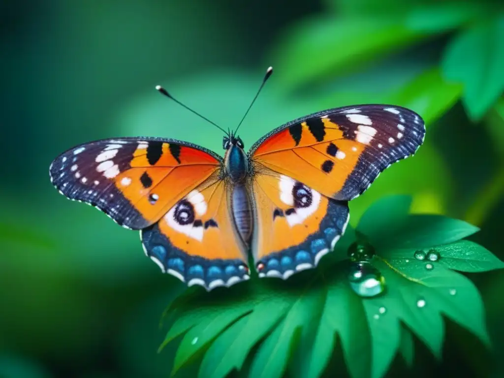 Una mariposa delicada posada en una hoja verde vibrante, rodeada de gotas de agua y un fondo de exuberante vegetación